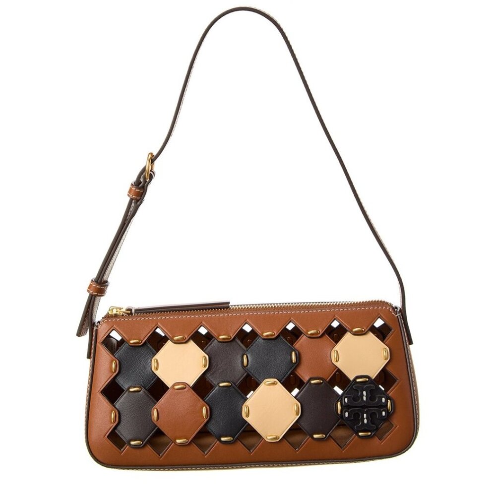 NEW Tory Burch Mcgraw Die Cut Wedge Leather Shoulder Bag In Neutral Multicolor
